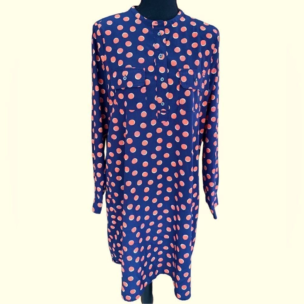 Gap Henley style button front navy/orange polka dot shift style dress size M
